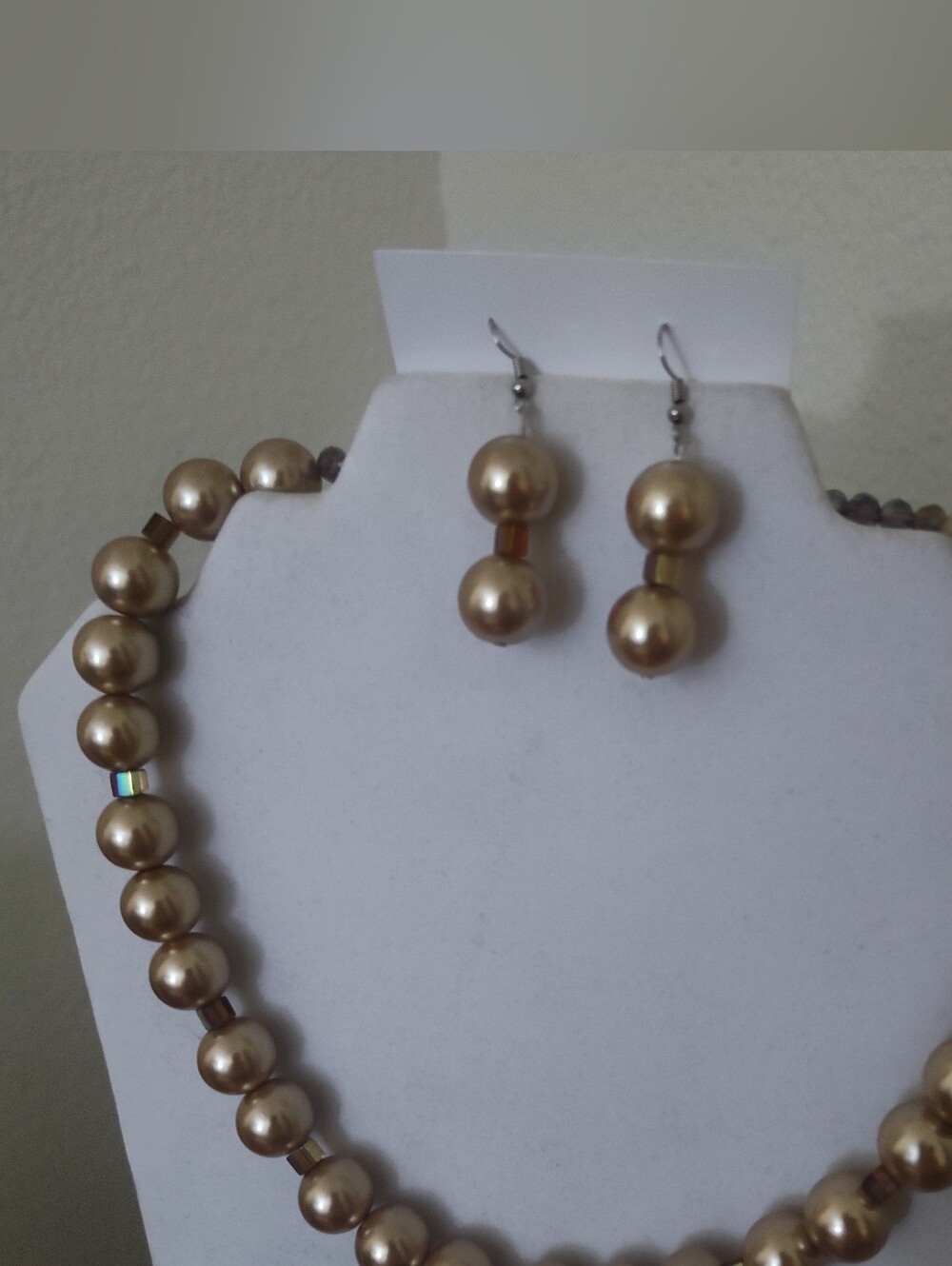 Classic Champagne Pearl Necklace and Drop Earrings Set